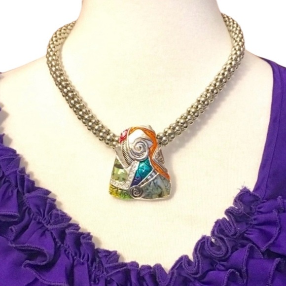 Artist Rainbow Mixed Media Abalone Mosaic Trapezoid Silver Necklace - Picture 1 of 10